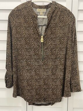 MICHAEL Michael Kors Leopard-Print Zip Front Blouse in Brown and Black